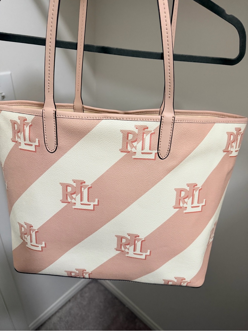 Ralph Lauren Blush Pink & White Diagonal Stripe Tote
